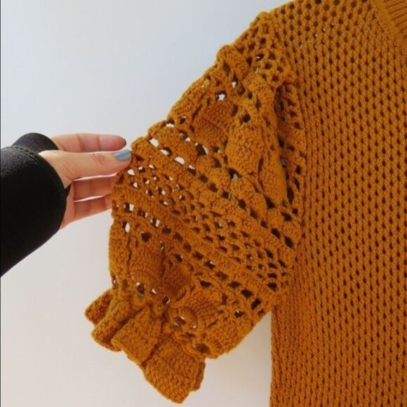 Bennettex Womens Small Boho Crochet Knit Puff Sleeve Cottagecore Farmhouse Dress - Picture 7 of 11